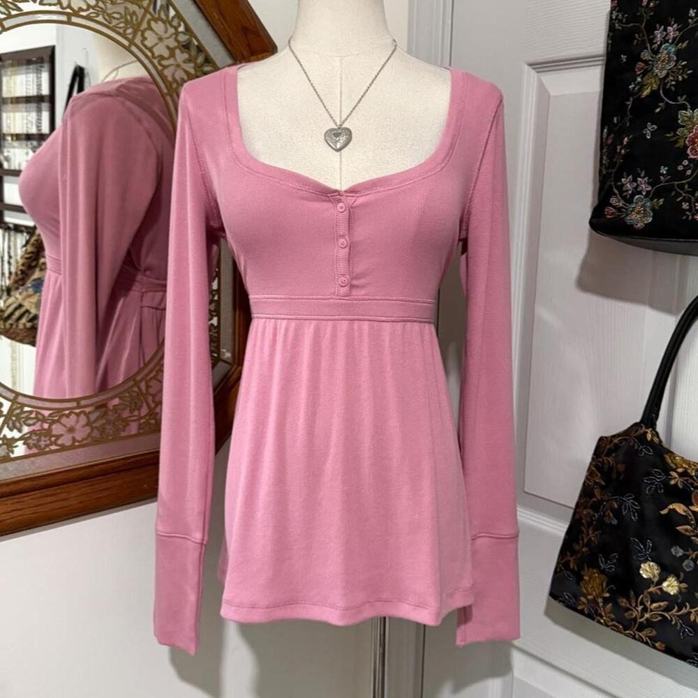 Hollister Co. Rose Pink Ribbed Long Sleeve Baby doll Henley Top w Waist Ties M
